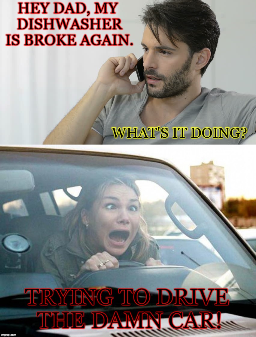 HEY DAD, MY DISHWASHER IS BROKE AGAIN. WHAT'S IT DOING? TRYING TO DRIVE THE DAMN CAR! | image tagged in dishwasher,woman driving,broke dishwasher | made w/ Imgflip meme maker