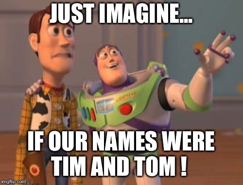 X, X Everywhere Meme | JUST IMAGINE... IF OUR NAMES WERE TIM AND TOM ! | image tagged in memes,x x everywhere | made w/ Imgflip meme maker