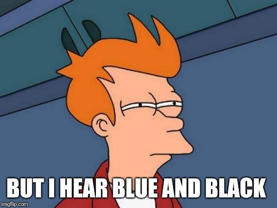 Futurama Fry Meme | BUT I HEAR BLUE AND BLACK | image tagged in memes,futurama fry | made w/ Imgflip meme maker