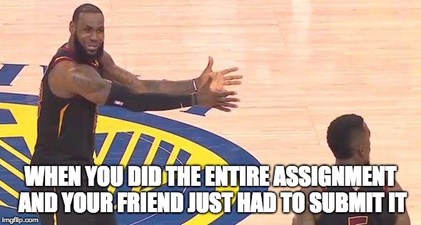 WHEN YOU DID THE ENTIRE ASSIGNMENT AND YOUR FRIEND JUST HAD TO SUBMIT IT | image tagged in lebron james,playoffs,nba | made w/ Imgflip meme maker