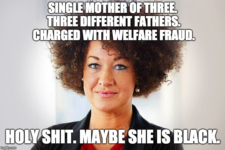 SINGLE MOTHER OF THREE. THREE DIFFERENT FATHERS. CHARGED WITH WELFARE FRAUD. HOLY SHIT. MAYBE SHE IS BLACK. | image tagged in dolezal | made w/ Imgflip meme maker