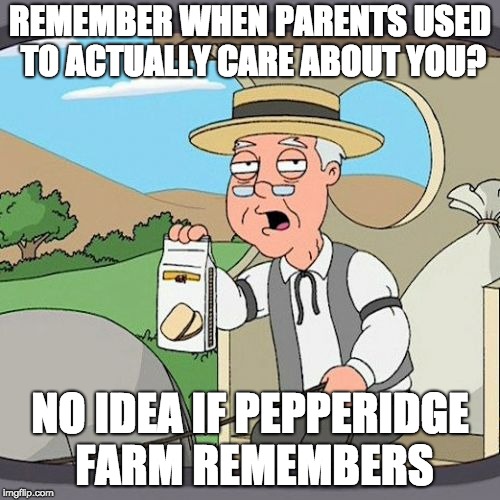When You Want to go Back to Your (Good) Childhood Days | REMEMBER WHEN PARENTS USED TO ACTUALLY CARE ABOUT YOU? NO IDEA IF PEPPERIDGE FARM REMEMBERS | image tagged in memes,pepperidge farm remembers,parents,childhood,nostalgia | made w/ Imgflip meme maker