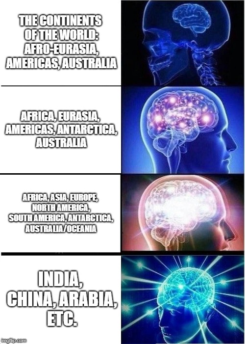 Expanding Brain Meme | THE CONTINENTS OF THE WORLD: AFRO-EURASIA, AMERICAS, AUSTRALIA; AFRICA, EURASIA, AMERICAS, ANTARCTICA, AUSTRALIA; AFRICA, ASIA, EUROPE, NORTH AMERICA, SOUTH AMERICA, ANTARCTICA, AUSTRALIA/OCEANIA; INDIA, CHINA, ARABIA, ETC. | image tagged in memes,expanding brain | made w/ Imgflip meme maker