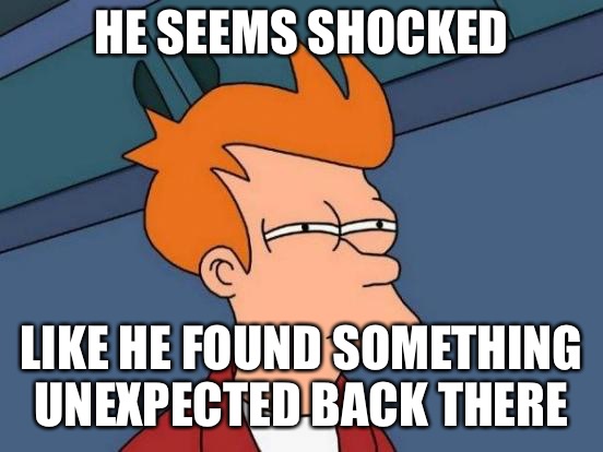 Futurama Fry Meme | HE SEEMS SHOCKED LIKE HE FOUND SOMETHING UNEXPECTED BACK THERE | image tagged in memes,futurama fry | made w/ Imgflip meme maker