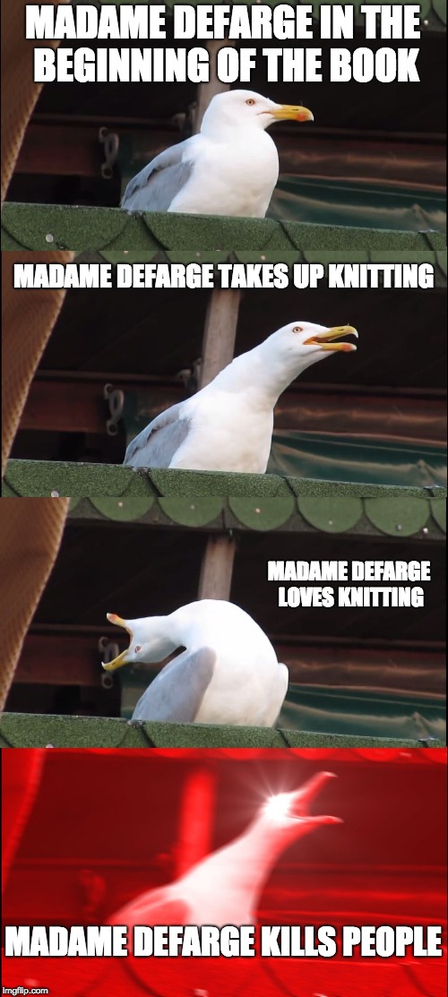 Inhaling Seagull | MADAME DEFARGE IN THE BEGINNING OF THE BOOK; MADAME DEFARGE TAKES UP KNITTING; MADAME DEFARGE LOVES KNITTING; MADAME DEFARGE KILLS PEOPLE | image tagged in memes,inhaling seagull | made w/ Imgflip meme maker