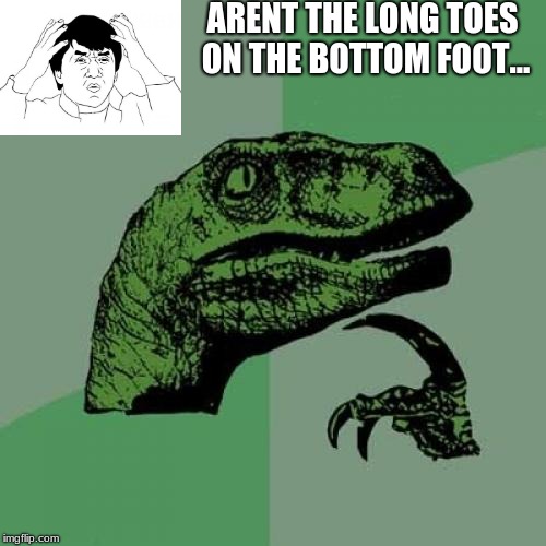 Philosoraptor | ARENT THE LONG TOES ON THE BOTTOM FOOT... | image tagged in memes,philosoraptor | made w/ Imgflip meme maker