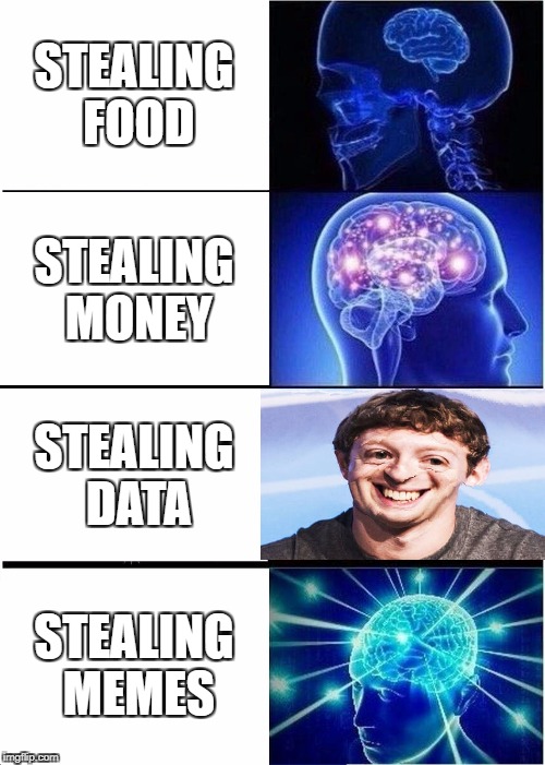 Expanding Brain | STEALING FOOD; STEALING MONEY; STEALING DATA; STEALING MEMES | image tagged in memes,expanding brain | made w/ Imgflip meme maker