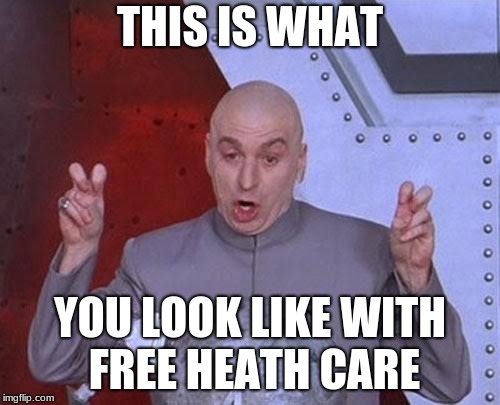 Dr Evil Laser Meme | THIS IS WHAT; YOU LOOK LIKE WITH FREE HEATH CARE | image tagged in memes,dr evil laser | made w/ Imgflip meme maker