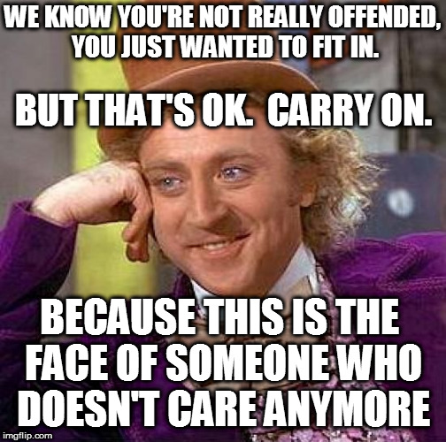 you're offended?  oh really? | WE KNOW YOU'RE NOT REALLY OFFENDED, YOU JUST WANTED TO FIT IN. BUT THAT'S OK.  CARRY ON. BECAUSE THIS IS THE FACE OF SOMEONE WHO DOESN'T CARE ANYMORE | image tagged in memes,creepy condescending wonka | made w/ Imgflip meme maker