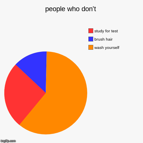 people who don't | wash yourself, brush hair, study for test | image tagged in funny,pie charts | made w/ Imgflip chart maker