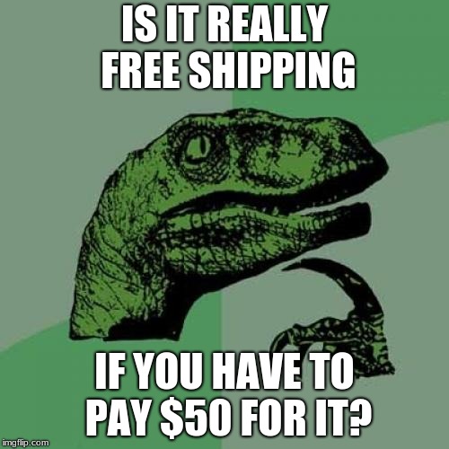 Philosoraptor Meme | IS IT REALLY FREE SHIPPING; IF YOU HAVE TO PAY $50 FOR IT? | image tagged in memes,philosoraptor | made w/ Imgflip meme maker