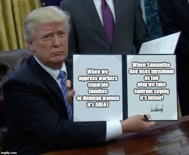 Trump Bill Signing Meme | When Samantha Bee uses turnabout as fair play we take tantrum saying it's unfair! When we oppress workers separate families or demean women it's GREAT | image tagged in memes,trump bill signing | made w/ Imgflip meme maker