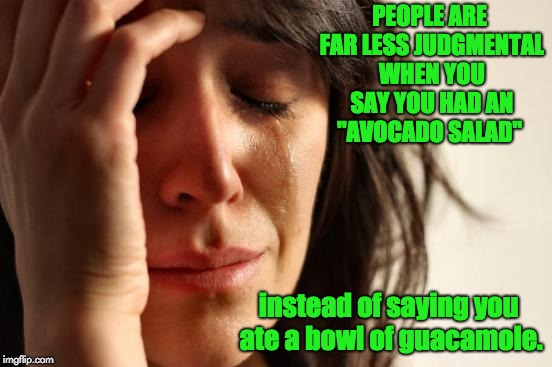 First World Problems Meme | PEOPLE ARE FAR LESS JUDGMENTAL WHEN YOU SAY YOU HAD AN "AVOCADO SALAD"; instead of saying you ate a bowl of guacamole. | image tagged in memes,first world problems | made w/ Imgflip meme maker