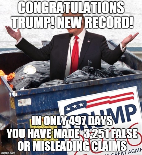 CONGRATULATIONS TRUMP! NEW RECORD! IN ONLY 497 DAYS YOU HAVE MADE  3,251 FALSE OR MISLEADING CLAIMS | made w/ Imgflip meme maker