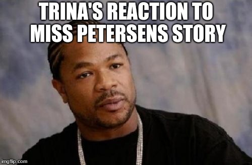 Serious Xzibit | TRINA'S REACTION TO MISS PETERSENS STORY | image tagged in memes,serious xzibit | made w/ Imgflip meme maker