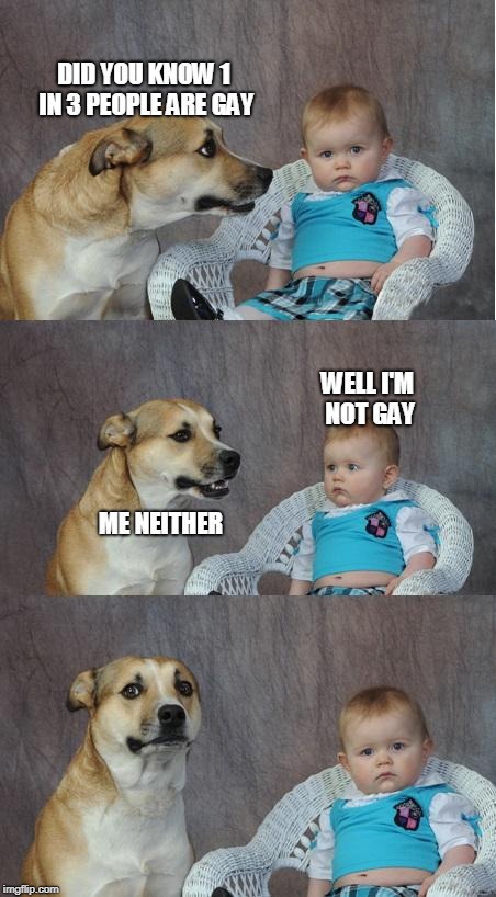 Bad joke dog | DID YOU KNOW 1 IN 3 PEOPLE ARE GAY; WELL I'M NOT GAY; ME NEITHER | image tagged in bad joke dog | made w/ Imgflip meme maker