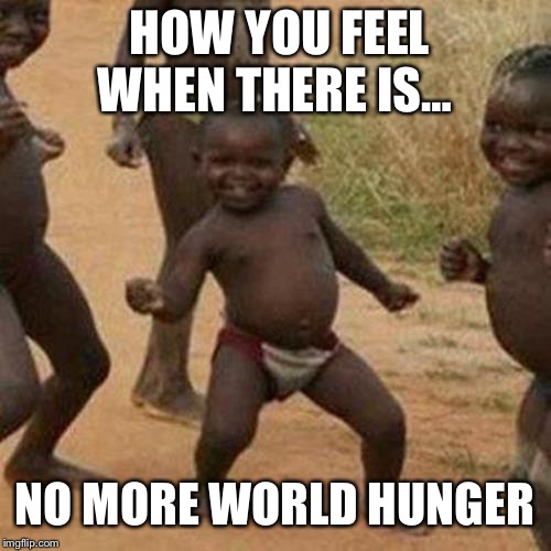 Third World Success Kid Meme | HOW YOU FEEL WHEN THERE IS…; NO MORE WORLD HUNGER | image tagged in memes,third world success kid | made w/ Imgflip meme maker