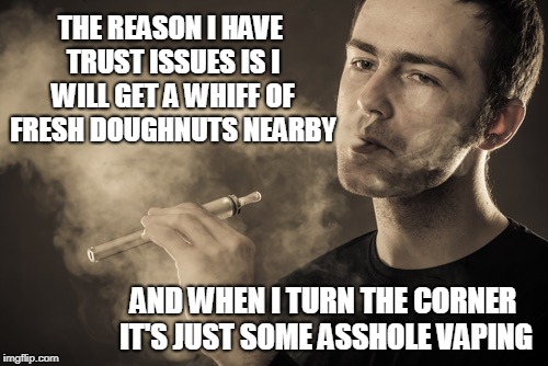 That Smell | THE REASON I HAVE TRUST ISSUES IS I WILL GET A WHIFF OF FRESH DOUGHNUTS NEARBY; AND WHEN I TURN THE CORNER IT'S JUST SOME ASSHOLE VAPING | image tagged in vaping | made w/ Imgflip meme maker