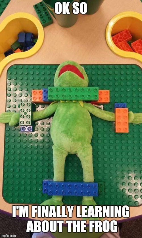 lego kermit | OK SO; I'M FINALLY LEARNING ABOUT THE FROG | image tagged in lego kermit | made w/ Imgflip meme maker