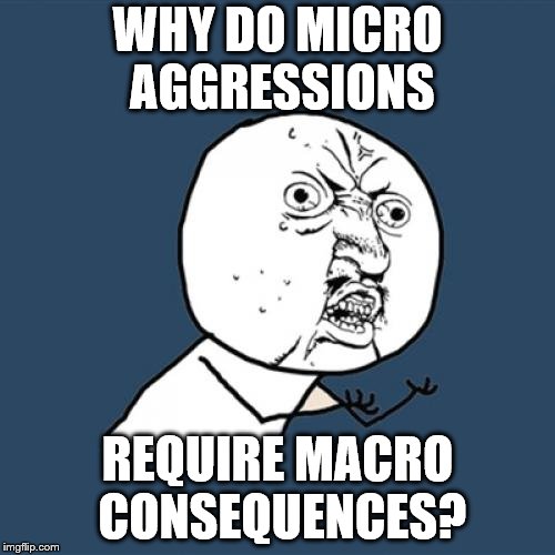 let the punishment actually *fit* the crime. | WHY DO MICRO AGGRESSIONS; REQUIRE MACRO CONSEQUENCES? | image tagged in memes,y u no | made w/ Imgflip meme maker