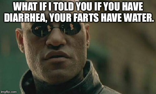 Matrix Morpheus Meme | WHAT IF I TOLD YOU IF YOU HAVE DIARRHEA, YOUR FARTS HAVE WATER. | image tagged in memes,matrix morpheus | made w/ Imgflip meme maker