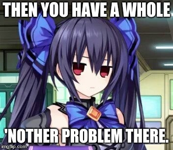 THEN YOU HAVE A WHOLE 'NOTHER PROBLEM THERE. | image tagged in noire tsundere face | made w/ Imgflip meme maker