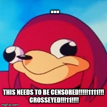 Ugandan Knuckles | ... THIS NEEDS TO BE CENSORED!!!!!1111!!! CROSSEYED!!!11!!!! | image tagged in ugandan knuckles | made w/ Imgflip meme maker