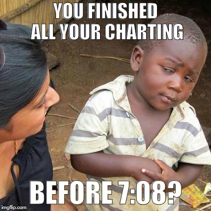 Third World Skeptical Kid Meme | YOU FINISHED ALL YOUR CHARTING; BEFORE 7:08? | image tagged in memes,third world skeptical kid | made w/ Imgflip meme maker