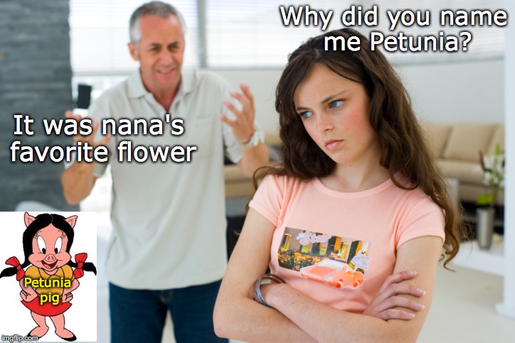 "What's in a name?" | Why did you name me Petunia? It was nana's favorite flower; Petunia pig | image tagged in father daughter,bullying,disney,porky pig,flowers,funny names | made w/ Imgflip meme maker