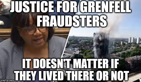 Abbott - justice for Grenfell fraudsters? | JUSTICE FOR GRENFELL FRAUDSTERS; IT DOESN'T MATTER IF THEY LIVED THERE OR NOT | image tagged in corbyn eww,party of hate,communist socialist,mcdonnell abbott,momentum | made w/ Imgflip meme maker