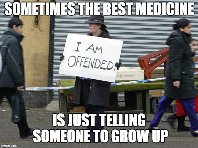 Nothing More Pathetic Than An Old Liberal | SOMETIMES THE BEST MEDICINE; IS JUST TELLING SOMEONE TO GROW UP | image tagged in offended dude | made w/ Imgflip meme maker