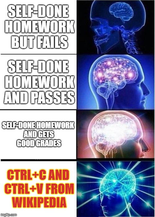 Expanding Brain Meme | SELF-DONE HOMEWORK BUT FAILS; SELF-DONE HOMEWORK AND PASSES; SELF-DONE HOMEWORK AND GETS GOOD GRADES; CTRL+C AND CTRL+V FROM WIKIPEDIA | image tagged in memes,expanding brain | made w/ Imgflip meme maker