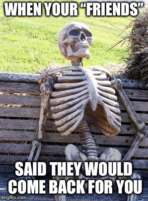 Waiting Skeleton Meme | WHEN YOUR “FRIENDS”; SAID THEY WOULD COME BACK FOR YOU | image tagged in memes,waiting skeleton | made w/ Imgflip meme maker
