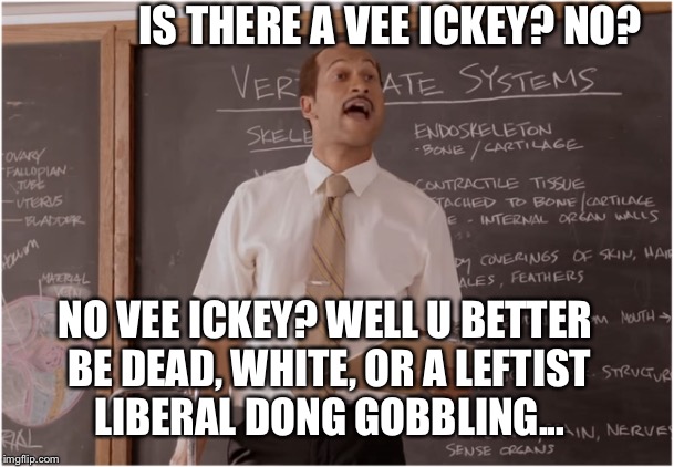 And you betta not look like some ape | IS THERE A VEE ICKEY? NO? NO VEE ICKEY? WELL U BETTER BE DEAD, WHITE, OR A LEFTIST LIBERAL DONG GOBBLING... | image tagged in key sub teacher saying,peele a boo,jusr saying memes,break a foot,the trump train,retake back our country | made w/ Imgflip meme maker