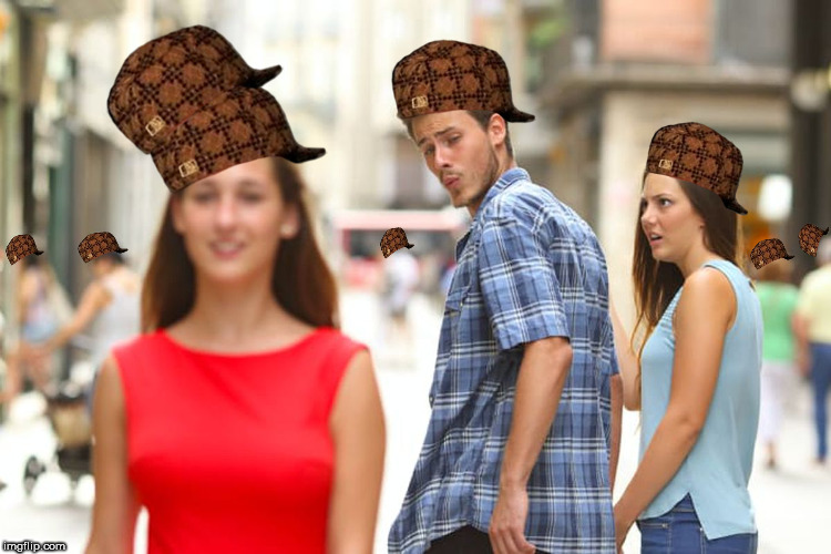 People with 2 scumbag hats | image tagged in memes,distracted boyfriend,scumbag | made w/ Imgflip meme maker