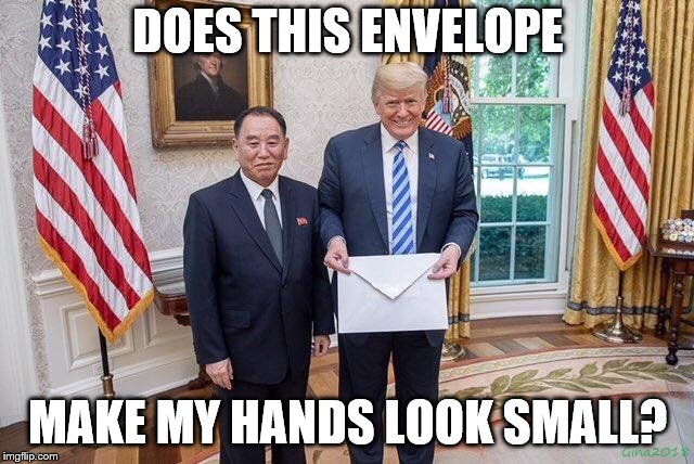Trump with Kim's Letter | DOES THIS ENVELOPE; MAKE MY HANDS LOOK SMALL? | image tagged in small hands,north korea,donald trump | made w/ Imgflip meme maker