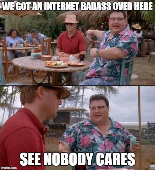 WE GOT AN INTERNET BADASS OVER HERE; SEE NOBODY CARES | image tagged in see nobody cares | made w/ Imgflip meme maker