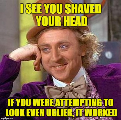 Creepy Condescending Wonka | I SEE YOU SHAVED YOUR HEAD; IF YOU WERE ATTEMPTING TO LOOK EVEN UGLIER, IT WORKED | image tagged in memes,creepy condescending wonka,summer,hot weather | made w/ Imgflip meme maker