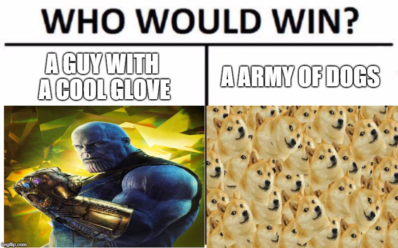 Who Would Win? | A GUY WITH A COOL GLOVE; A ARMY OF DOGS | image tagged in infinity war,multi doge,who would win,thanos | made w/ Imgflip meme maker