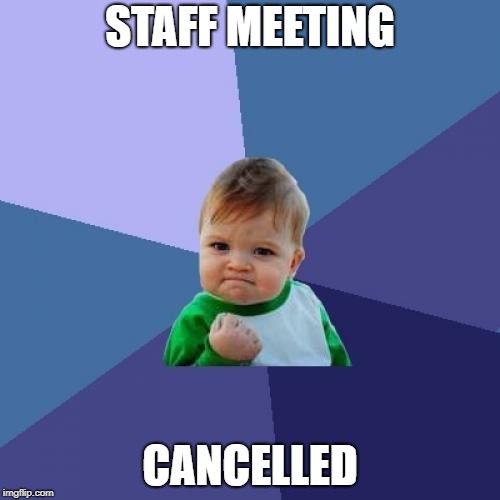 Success Kid Meme | STAFF MEETING; CANCELLED | image tagged in memes,success kid | made w/ Imgflip meme maker