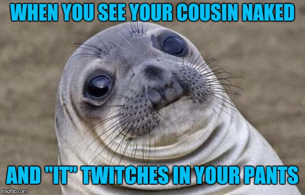 Sleep Over With Cousin Steve  | WHEN YOU SEE YOUR COUSIN NAKED; AND "IT" TWITCHES IN YOUR PANTS | image tagged in memes,awkward moment sealion | made w/ Imgflip meme maker