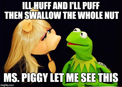 Ms Piggy and Kermit | ILL HUFF AND I'LL PUFF THEN SWALLOW THE WHOLE NUT; MS. PIGGY LET ME SEE THIS | image tagged in ms piggy and kermit | made w/ Imgflip meme maker