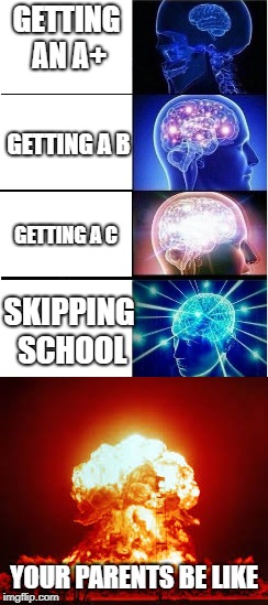 Grades in school be like | GETTING AN A+; GETTING A B; GETTING A C; SKIPPING SCHOOL; YOUR PARENTS BE LIKE | image tagged in expanding brain | made w/ Imgflip meme maker