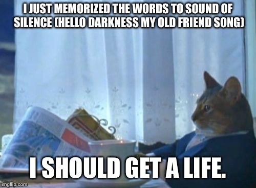 I Should Buy A Boat Cat Meme | I JUST MEMORIZED THE WORDS TO SOUND OF SILENCE (HELLO DARKNESS MY OLD FRIEND SONG); I SHOULD GET A LIFE. | image tagged in memes,i should buy a boat cat,no life | made w/ Imgflip meme maker