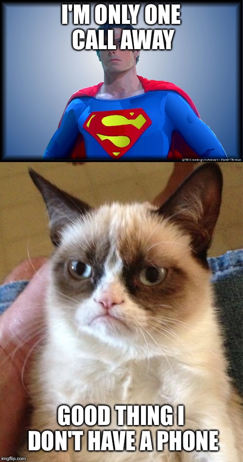 I'M ONLY ONE CALL AWAY; GOOD THING I DON'T HAVE A PHONE | image tagged in funny,grumpy cat | made w/ Imgflip meme maker