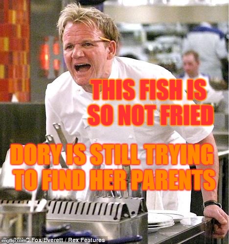 Chef Gordon Ramsay | THIS FISH IS SO NOT FRIED; DORY IS STILL TRYING TO FIND HER PARENTS | image tagged in memes,chef gordon ramsay | made w/ Imgflip meme maker