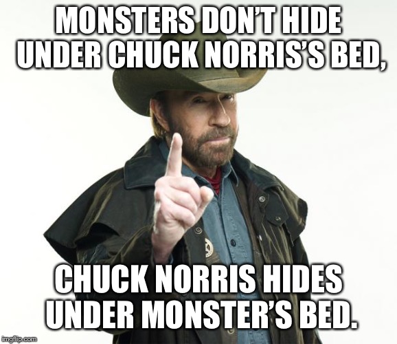 Chuck Norris Finger | MONSTERS DON’T HIDE UNDER CHUCK NORRIS’S BED, CHUCK NORRIS HIDES UNDER MONSTER’S BED. | image tagged in memes,chuck norris finger,chuck norris | made w/ Imgflip meme maker