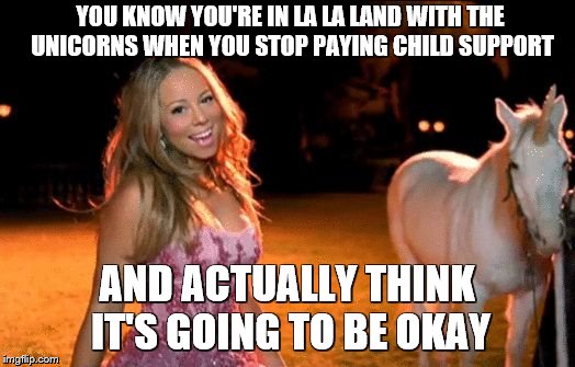 Is that a unicorn or a dumb ass | YOU KNOW YOU'RE IN LA LA LAND WITH THE UNICORNS WHEN YOU STOP PAYING CHILD SUPPORT; AND ACTUALLY THINK IT'S GOING TO BE OKAY | image tagged in unicorn lalaland,dead beat dad,dead beat,fathers day,keep dreaming,no common sense | made w/ Imgflip meme maker