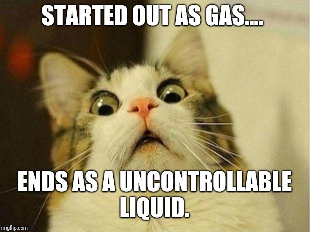 Scared Cat Meme | STARTED OUT AS GAS.... ENDS AS A UNCONTROLLABLE LIQUID. | image tagged in memes,scared cat | made w/ Imgflip meme maker