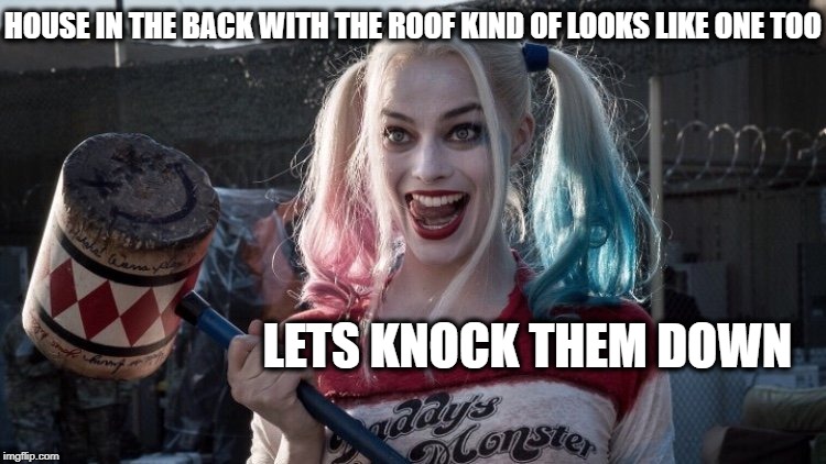 Harley Q | HOUSE IN THE BACK WITH THE ROOF KIND OF LOOKS LIKE ONE TOO LETS KNOCK THEM DOWN | image tagged in harley q | made w/ Imgflip meme maker